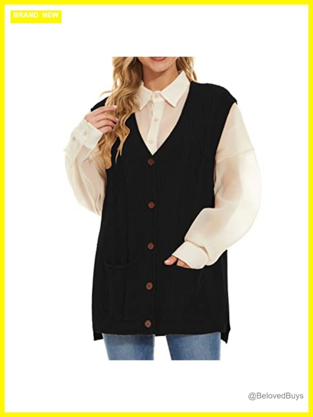 Women's Sleeveless Cable Knit Sweater Vest Button Cardigan with Pockets